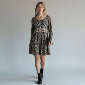 Angie Boho Southwestern Print Long Sleeve Dress Size L